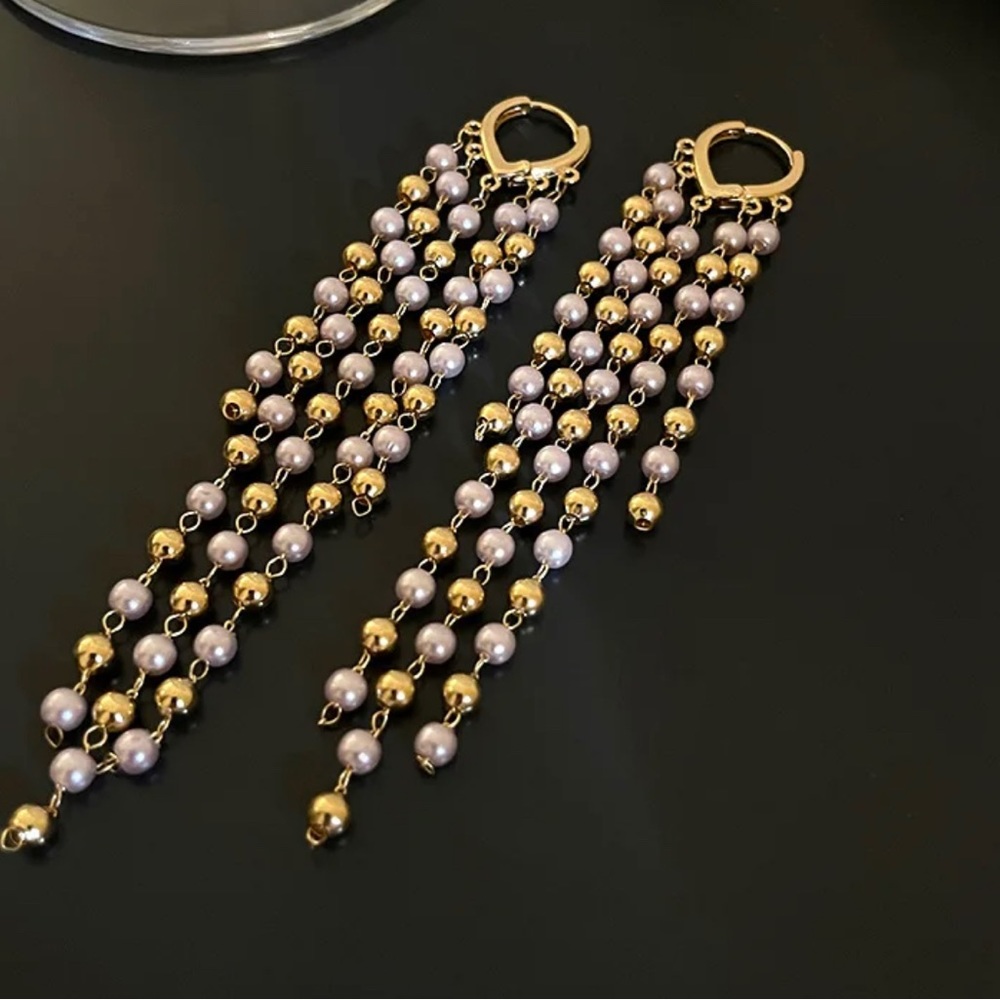 Long Gold and White Pearl Tassels Earrings - Picture 4 of 7